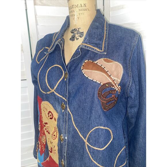 90s Y2K Tantrum Blue Denim Embroidered Western Rodeo Cowgirl Cotton Small - Picture 4 of 11